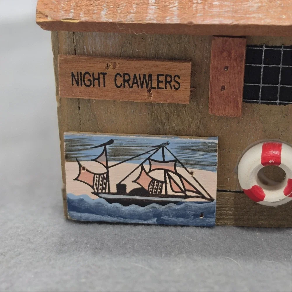 Vintage  Decorative Wooden Bird House Live Bait Shop Fishing Folk Art. J
